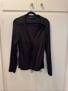 Zara Black Tie-Front Long Sleeve Shirt